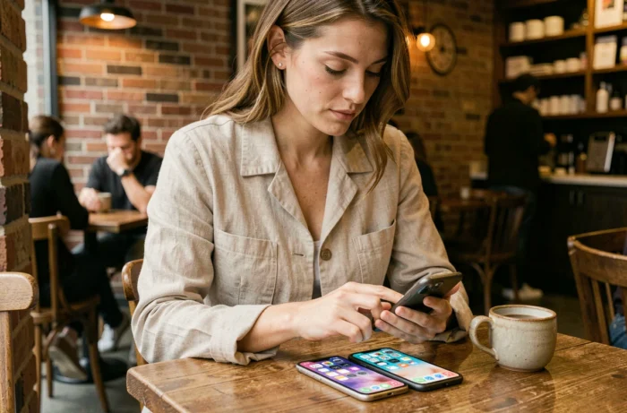 Femme analysant les différences entre iPhone 7 et iPhone 7 Plus dans un café