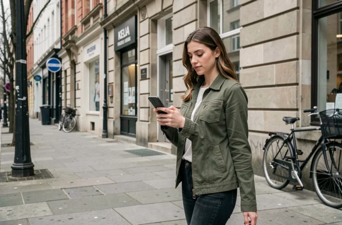 Jeune femme consultant les avis de professionnels de santé sur son téléphone en ville