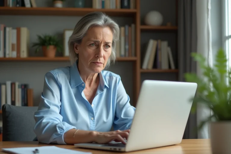 Femme consultant un relevé bancaire en ligne sur un ordinateur portable pour vérifier un délai d'opération à La Banque Postale