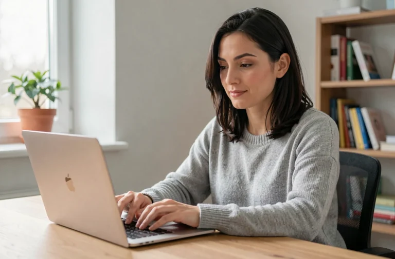 Femme contactant une équipe en ligne depuis son bureau à domicile sur un ordinateur portable