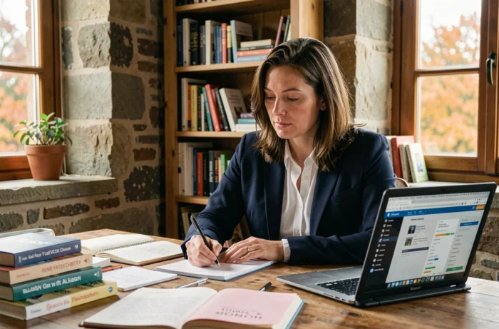 Femme belge travaillant sur son développement personnel dans un bureau à domicile en Wallonie, entourée de livres et de notes