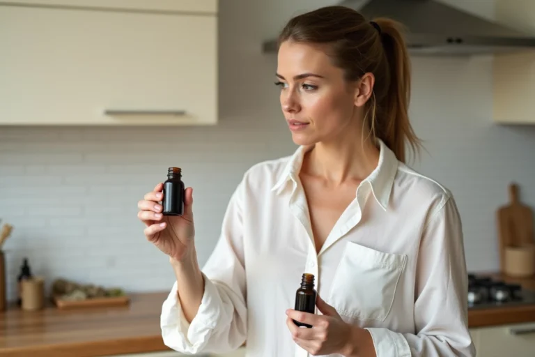 Femme examinant un flacon d'huile essentielle dans une cuisine, illustrant les précautions d'usage des huiles essentielles pour le foie