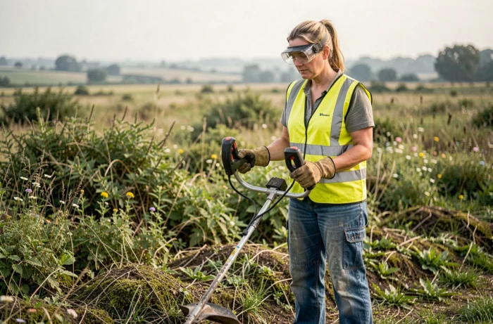 Femme inspectant la tête de coupe de sa débroussailleuse thermique dans un champ de végétation sauvage
