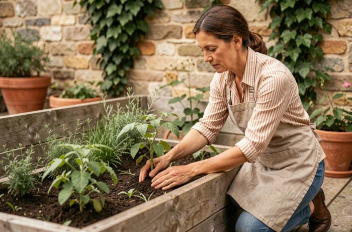 Femme jardinière en tablier de lin soignant des plants de tomates dans un carré potager surélevé en bois, jardin tendance 2024