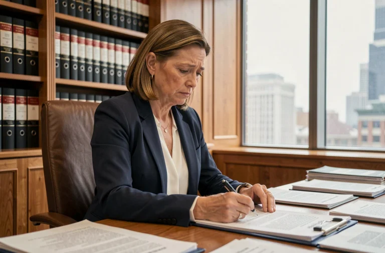 Femme juriste consultant des documents légaux dans un cabinet d'avocat pour respecter les délais de prescription