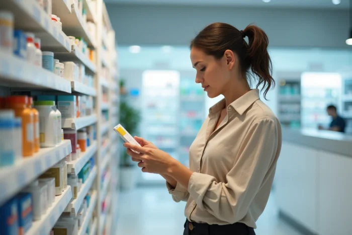 Femme lisant attentivement la notice d'un médicament dans une pharmacie