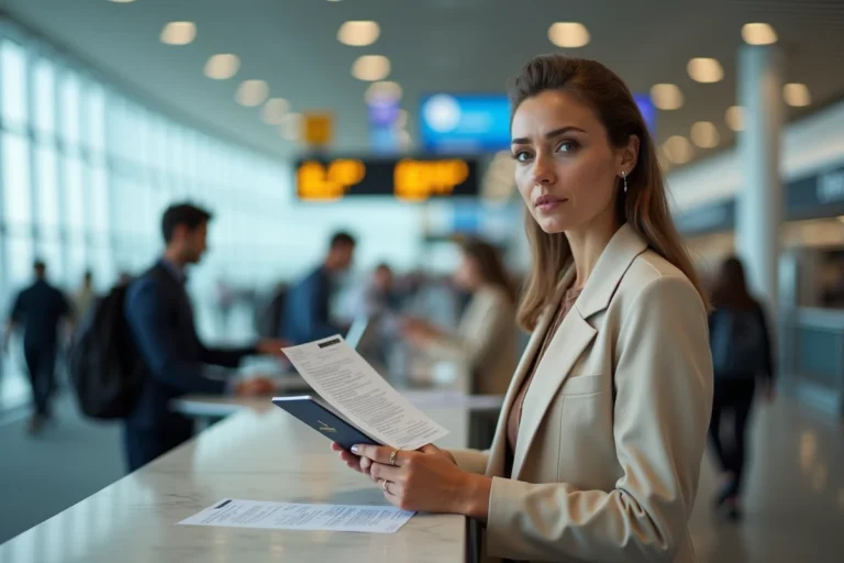 Femme mariée au comptoir d'enregistrement d'un aéroport tenant son passeport et sa carte d'embarquement
