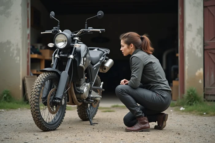 Femme motarde inspectant une moto d'aventure tout-terrain à côté d'un garage rural avec des outils mécaniques