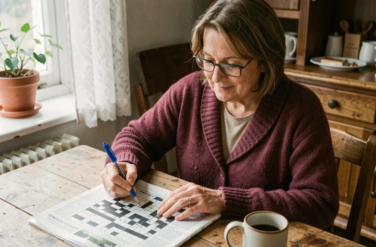 Femme belge résolvant des mots fléchés avec un journal posé sur une table en bois dans un intérieur chaleureux