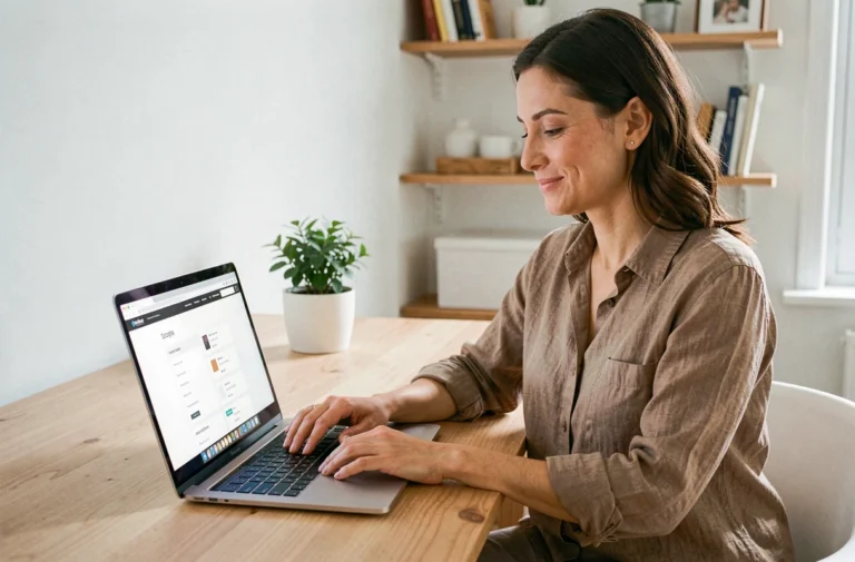 Femme consultant le plan du site Lydie Tendances sur un ordinateur portable dans un bureau moderne et épuré