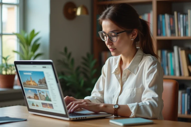 Femme naviguant sur le site Concept Voyages depuis un bureau à domicile, cherchant les sections du site de voyage
