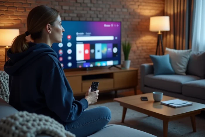 Femme utilisant la télécommande LG pour naviguer dans le Play Store sur une smart TV webOS