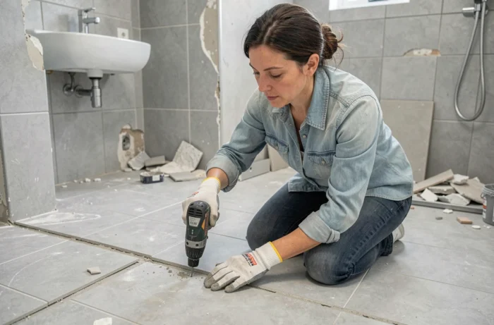 Femme utilisant un outil oscillant multifonction Parkside pour rénover des joints de carrelage dans une salle de bain