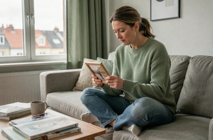 Femme pensive tenant une photo encadrée dans un salon moderne et minimaliste, illustration de l'intimité et des souvenirs personnels révélés par la photographie