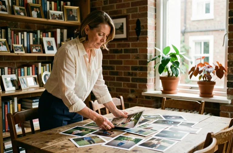 Femme élégante dans un intérieur chaleureux regardant des photos personnelles étalées sur une table en bois, évoquant la vie privée et les souvenirs intimes