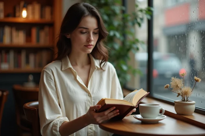 Femme lisant un recueil de poèmes d'amour dans un café avec une ambiance intimiste