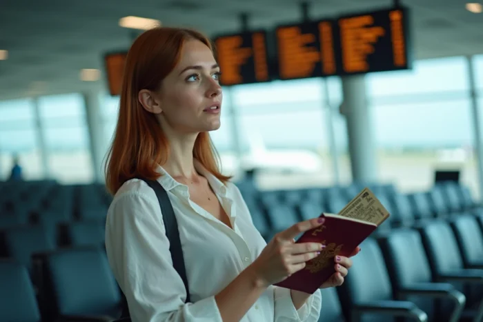 Femme à la porte d'embarquement vérifiant son passeport avec son nom après le mariage