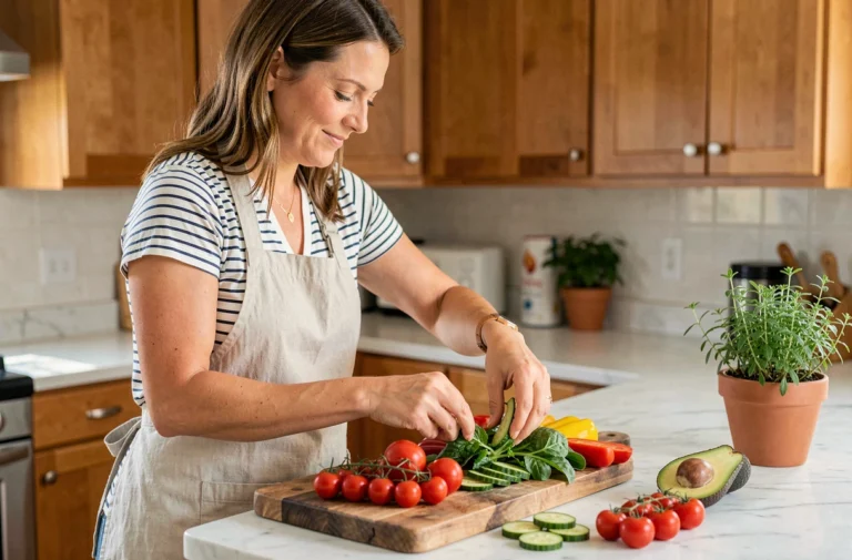Femme préparant des légumes frais et colorés sur un plan de travail en bois dans une cuisine moderne et chaleureuse