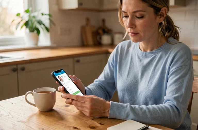 Femme cherchant un professionnel de santé sur son smartphone dans une cuisine chaleureuse