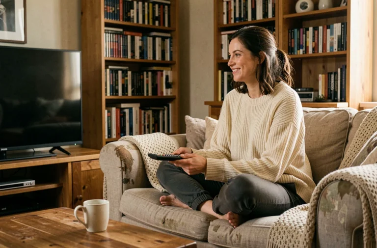 Femme souriante regardant une série télévisée confortablement installée dans son salon cosy avec une tasse de thé
