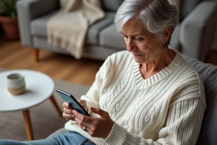 Femme senior vérifiant sur son application mobile le délai d'une opération en attente à La Banque Postale