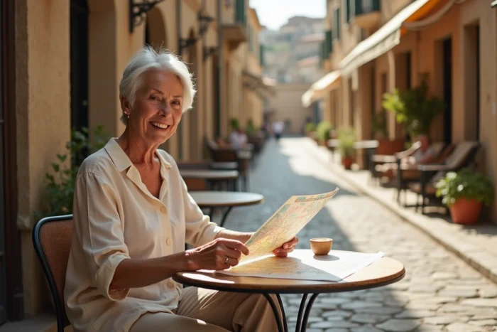 Femme senior souriante consultant une carte dans un café en pierre d'une vieille ville méditerranéenne, voyage après 60 ans