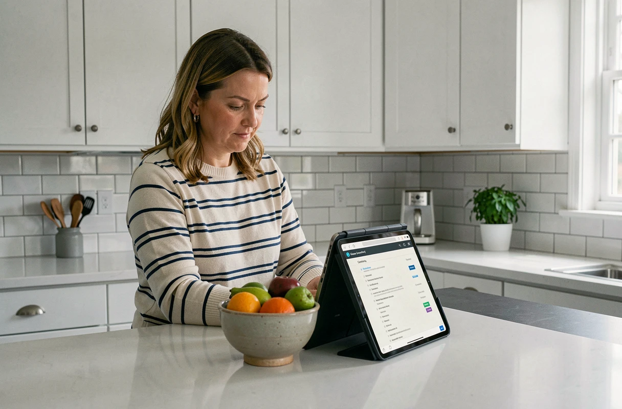 Femme utilisant une tablette pour naviguer sur le plan du site Lydie Tendances dans une cuisine moderne