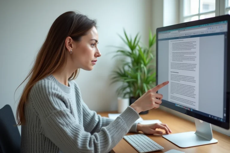 Femme analysant un document PDF sur un écran d'ordinateur pour vérifier la reconnaissance de texte OCR