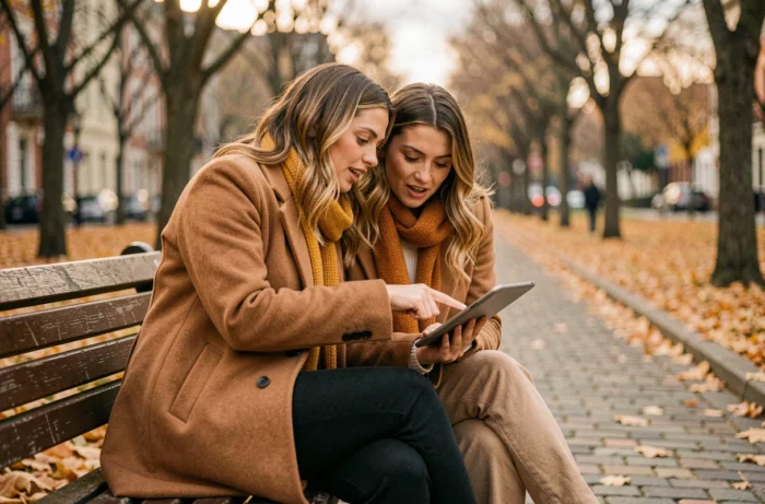 Deux femmes partageant des actualités sur une tablette dans un parc en automne