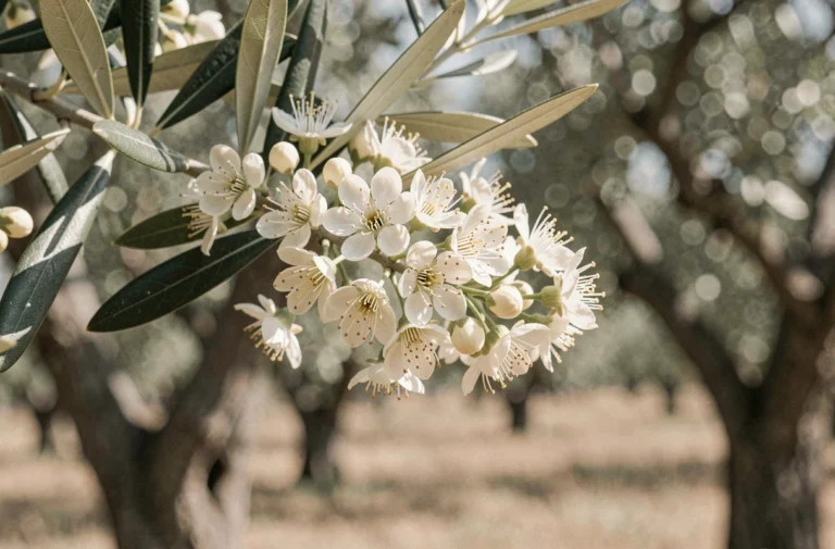 Gros plan sur les fleurs d'olivier en pleine floraison avec des détails de pollen et de fines étamines crème