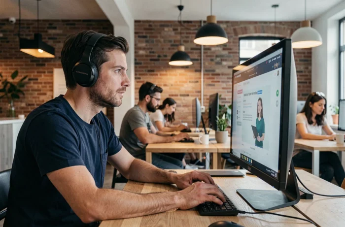 Homme en train de suivre une formation en ligne avec un casque audio dans un espace de coworking moderne