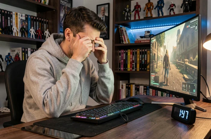 Jeune homme fatigué devant son écran de jeu vidéo tard le soir, cherchant à s'endormir après une session de gaming