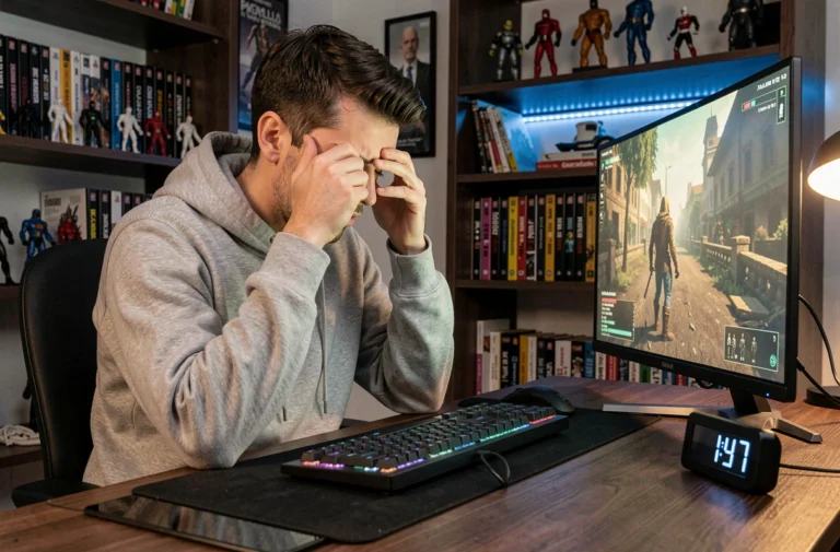 Jeune homme fatigué devant son écran de jeu vidéo tard le soir, cherchant à s'endormir après une session de gaming