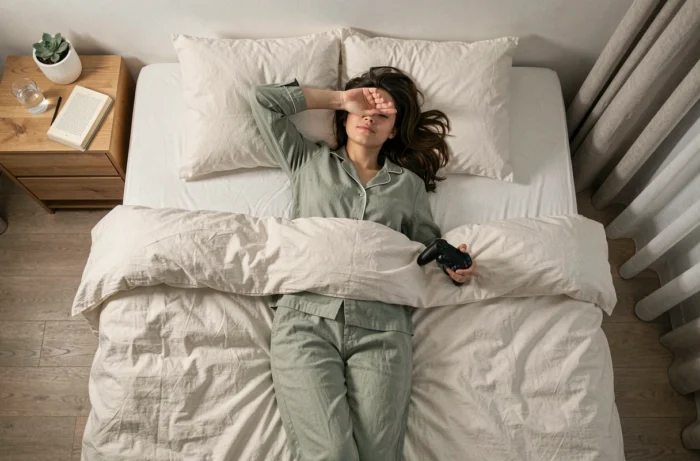 Jeune femme gameuse essayant de s'endormir avec une manette de jeu vidéo dans la main, conseils pour mieux dormir