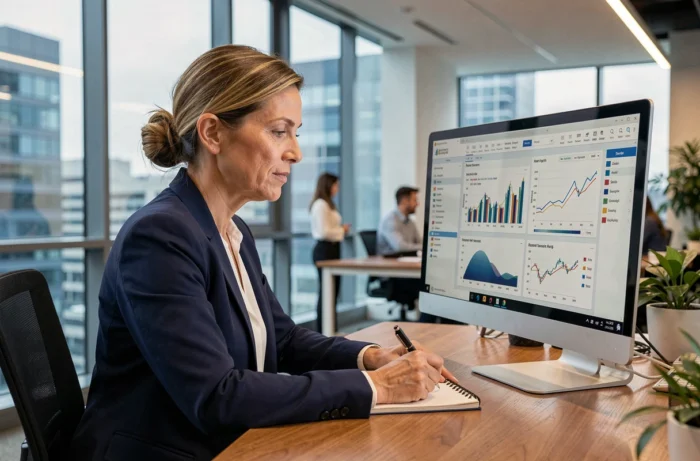 Femme cadre analysant des tableaux financiers sur un écran dans un bureau moderne en 2024