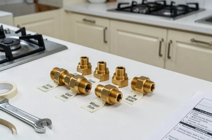 Gicleurs gaz de différentes tailles alignés sur un établi blanc avec outils et fiche technique pour cuisinière à gaz