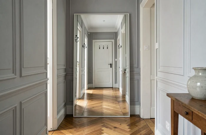 Grand miroir au sol appuyé contre le mur du fond d'un couloir parisien étroit pour agrandir l'espace