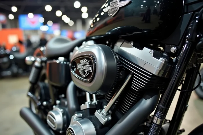 Gros plan sur un moteur Twin Cam de Harley-Davidson exposé lors d'un salon moto intérieur