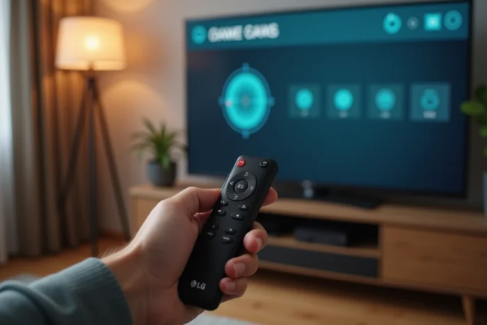 Gros plan d'une main tenant la télécommande LG Magic Remote devant un écran webOS en mode développeur