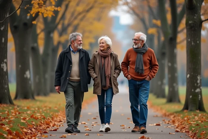 Groupe de personnes âgées de plus de 70 ans se promenant dans un parc en automne, symbolisant la vitalité du grand âge