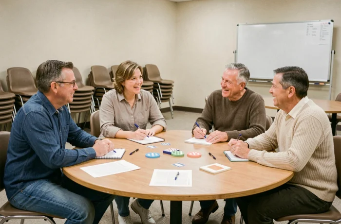 Groupe de participants à une réunion de suivi du programme WW bleu dans un centre communautaire