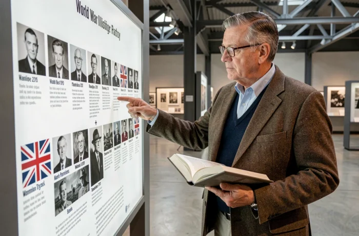 Historien devant un panneau d'exposition retraçant les forces alliées et de l'Axe de la Seconde Guerre mondiale dans un musée