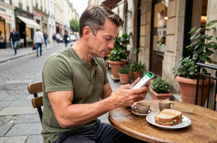 Homme consultant une application de suivi de points WW bleu en terrasse de café