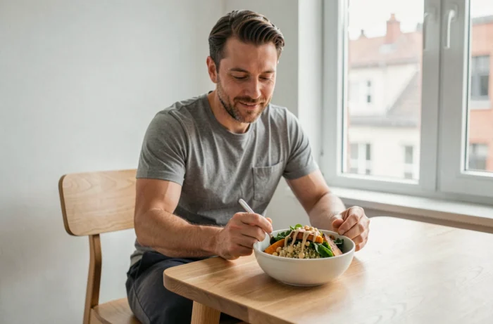 Homme savourant un Buddha bowl équilibré et coloré dans un appartement au style scandinave épuré