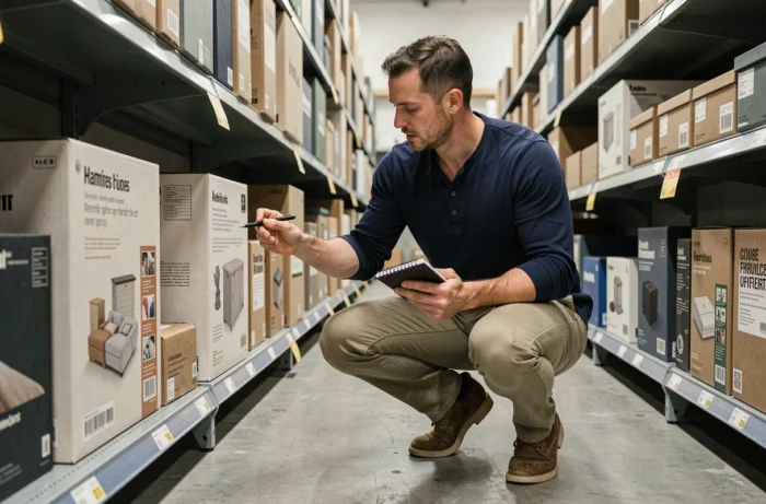 Homme lisant l'étiquette d'un produit de rangement dans un rayon de magasin de bricolage