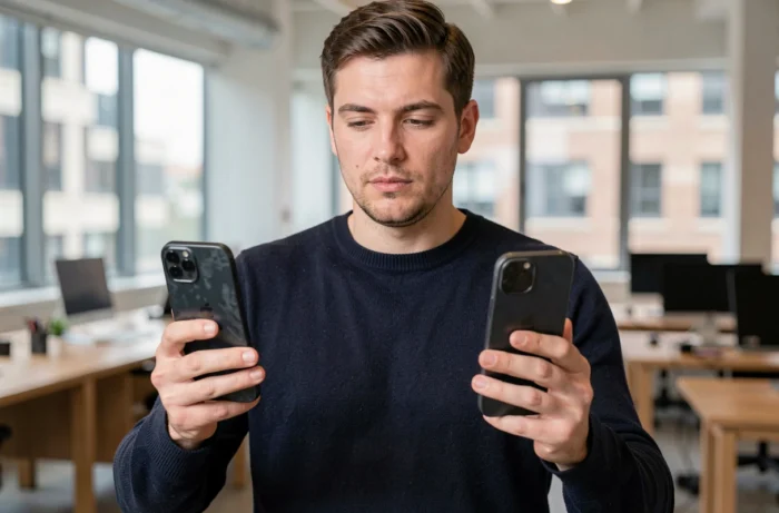 Homme comparant l'iPhone 7 et l'iPhone 7 Plus dans ses mains dans un bureau moderne