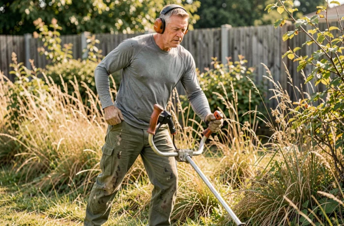 Homme utilisant une débroussailleuse thermique pour entretenir les bordures d'un jardin envahi par les herbes