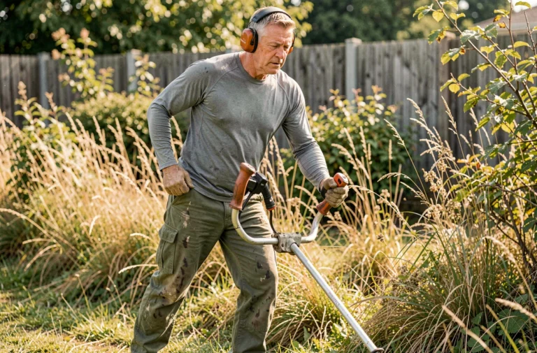 Homme utilisant une débroussailleuse thermique pour entretenir les bordures d'un jardin envahi par les herbes