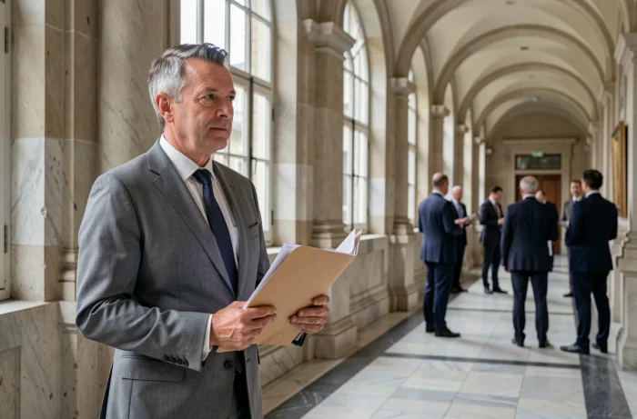 Homme en costume tenant un dossier juridique dans le couloir d'un palais de justice pour une procédure judiciaire