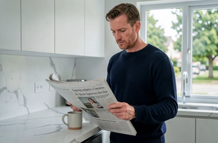 Homme lisant le journal du matin dans une cuisine moderne et lumineuse